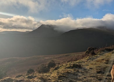 Scenic misty hills at Wren Wild Walkies, Galashiels, Scotland, GB under soft sunlight.
