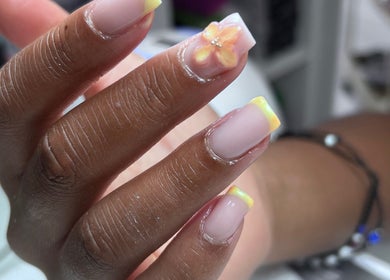 Elegant nail art with yellow tips and 3D flower at Nails by Joana, Lisboa, Lisboa, PT.