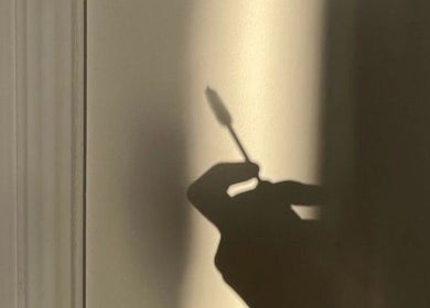 Silhouette of a hand holding a makeup brush at Bloom_hays_beauty, Nottingham, England, GB.