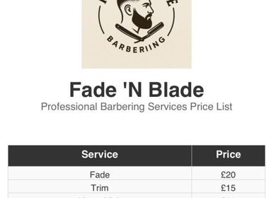 Fade n Blade price list showing services and costs in Douglas, United Kingdom, GB.
