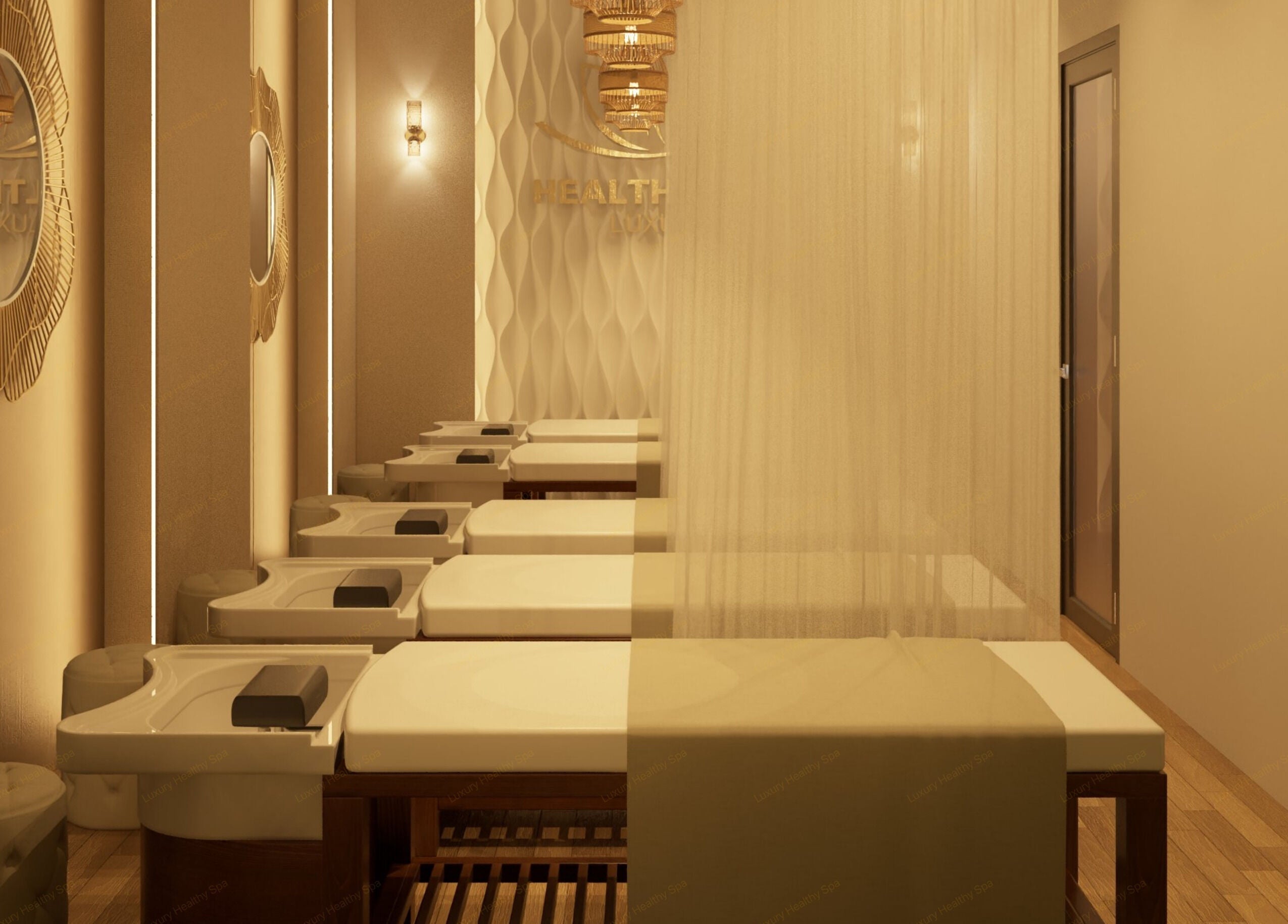 Elegant interior of Luxury Healthy Spa & Massage in Đà Nẵng, Đà Nẵng, VN with modern massage tables.