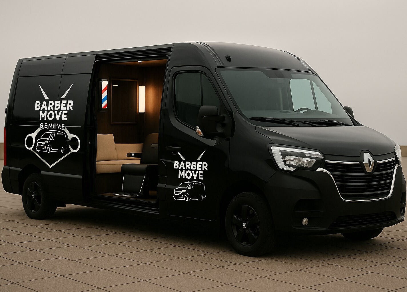Intérieur du van mobile Barber Move à Genève, CH, offrant des services de coiffure modernes.