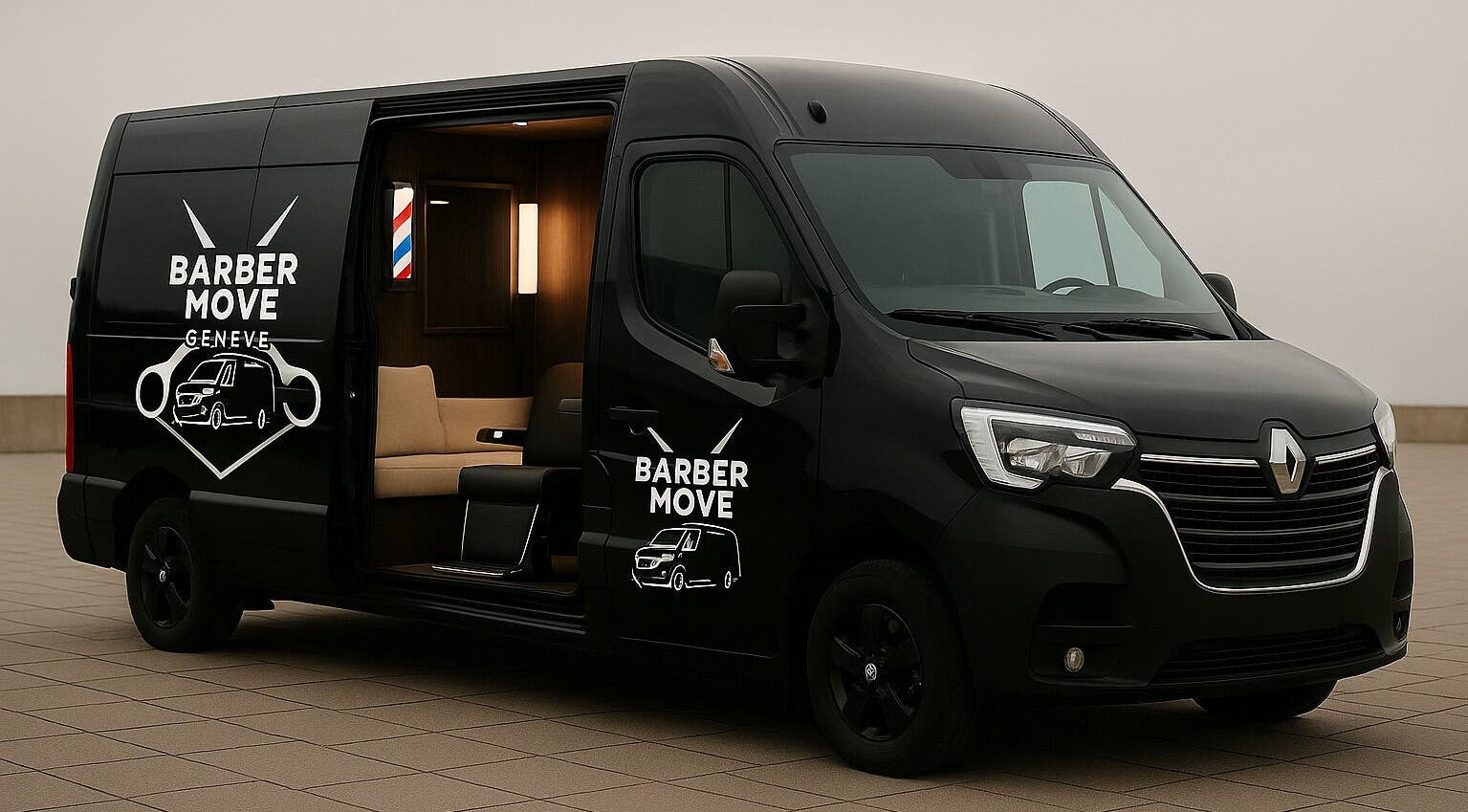Intérieur du van mobile Barber Move à Genève, CH, offrant des services de coiffure modernes.