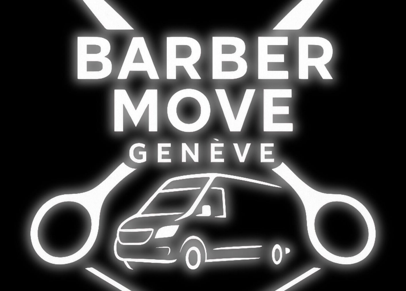 Logo lumineux de Barber Move, Genève, CH, avec ciseaux et fourgonnette en fond noir.