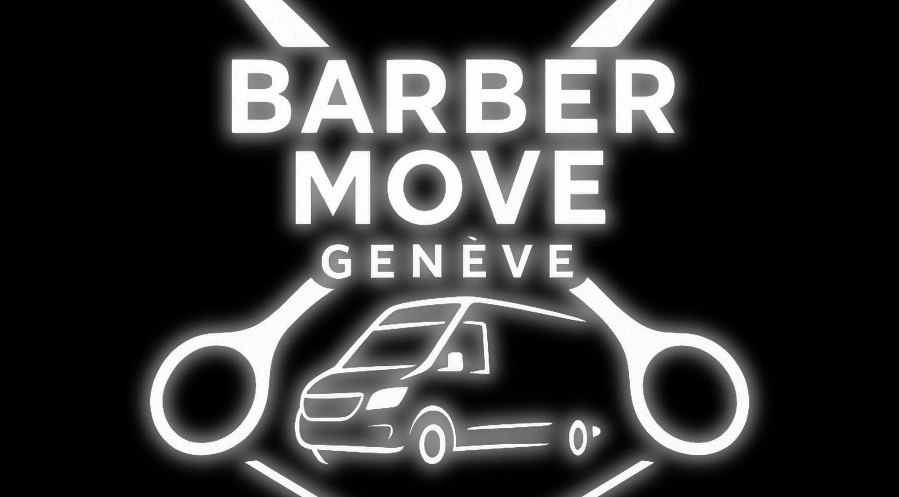 Logo lumineux de Barber Move, Genève, CH, avec ciseaux et fourgonnette en fond noir.