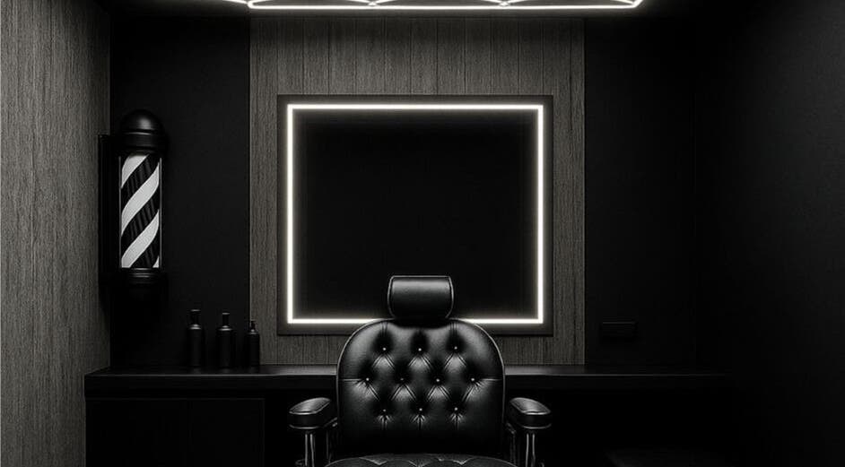 Chaise de barbier noire élégante chez Barber Move, Genève, CH, ambiance moderne et sophistiquée.