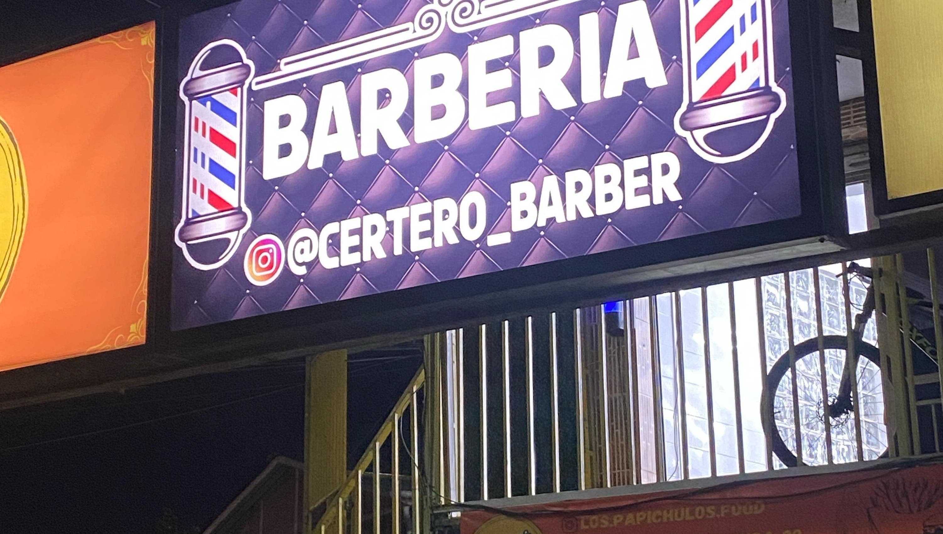 Certero Barber illuminated sign at night, Quilicura, Región Metropolitana, CL.