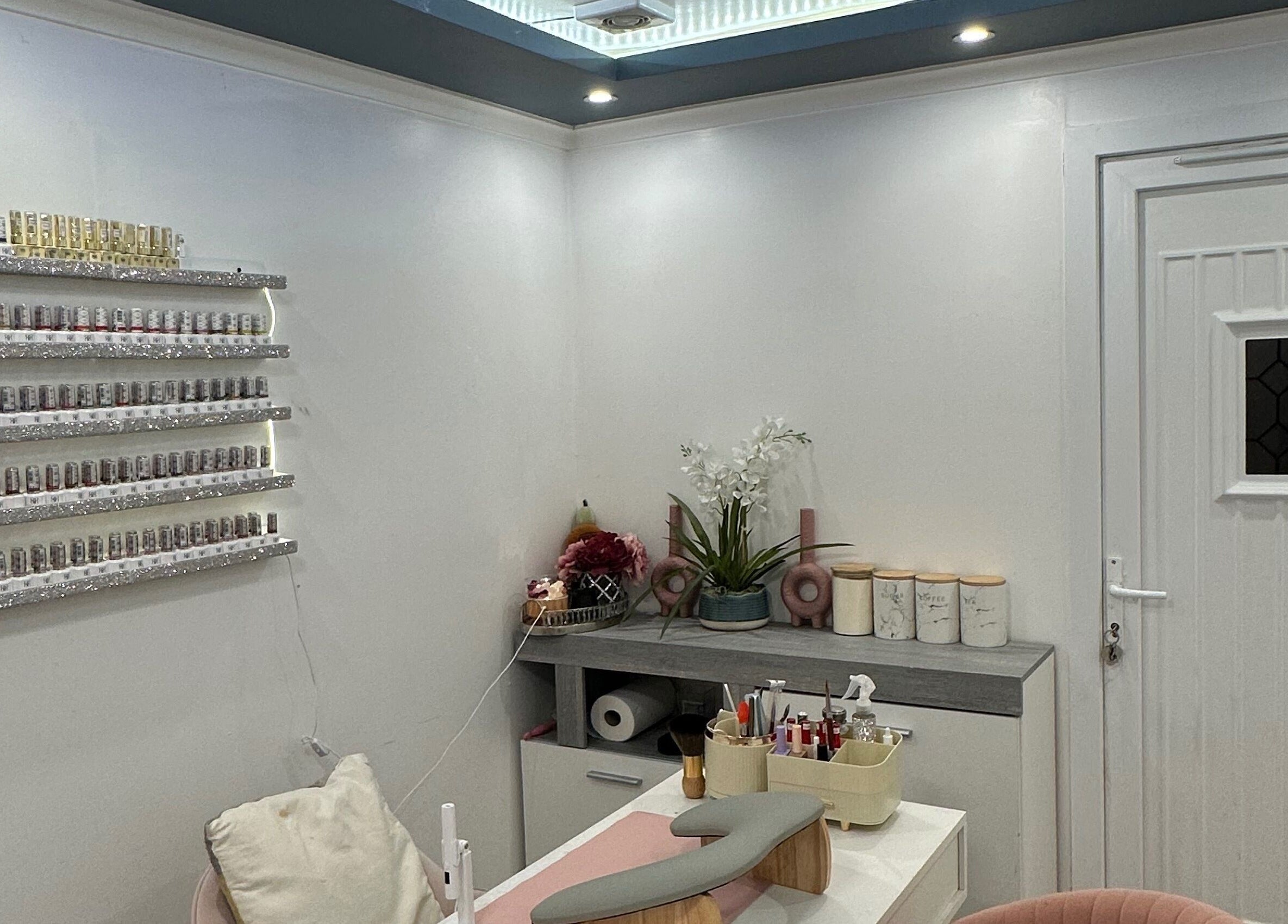 Nail studio interior at Nails by Bon Washington, Washington, England, GB, featuring elegant decor and polish display.