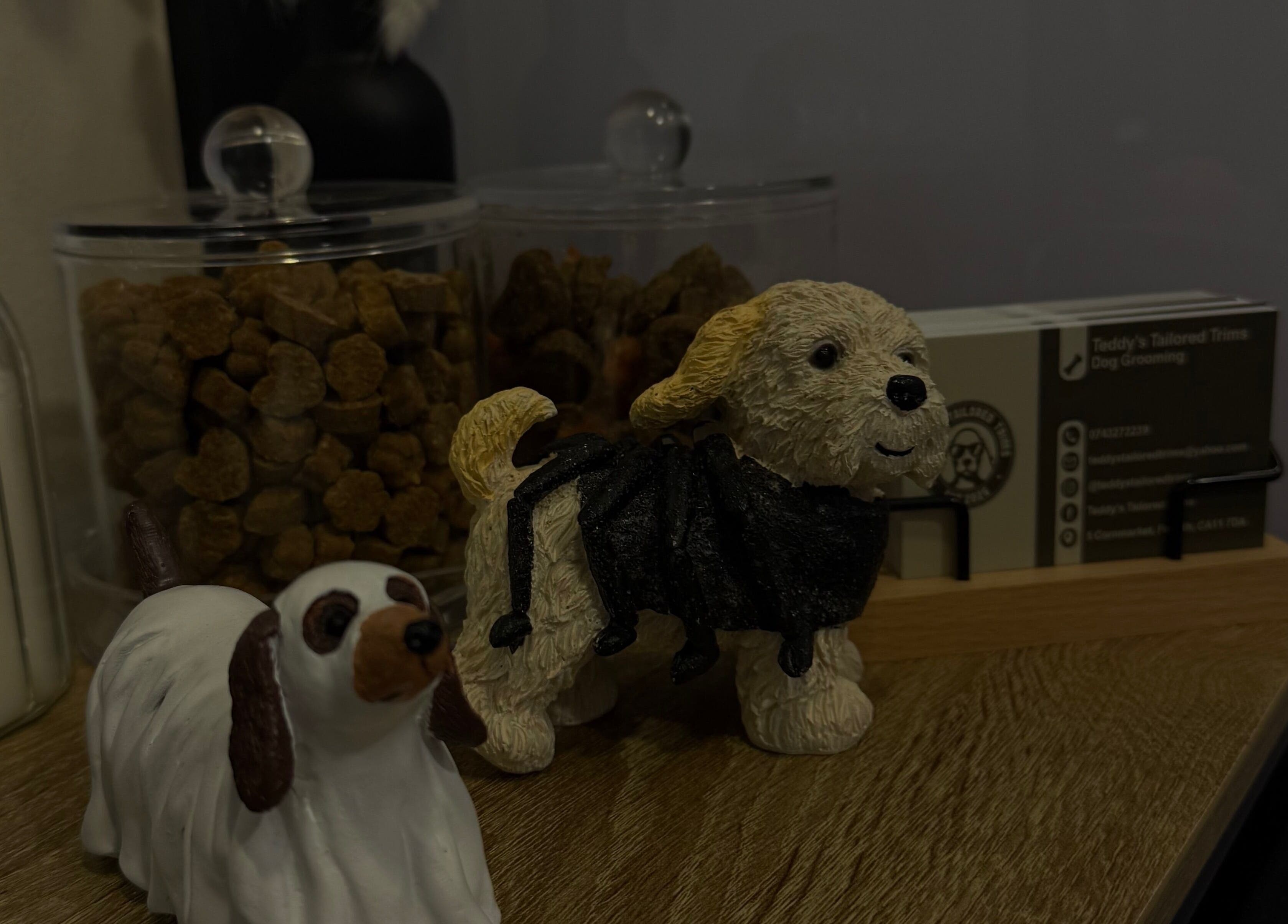 Charming dog figurines with treat jars at Teddy’s Tailored Trims, Penrith, England, GB.