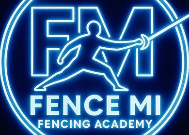 Neon blue logo of Fence MI Fencing Academy, Las Vegas, Nevada, US, depicting a fencer in action.