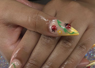 Intricate ladybird nail art at Nailsbybodgyal in Ottawa, Ontario, CA, showcasing vibrant and detailed designs.