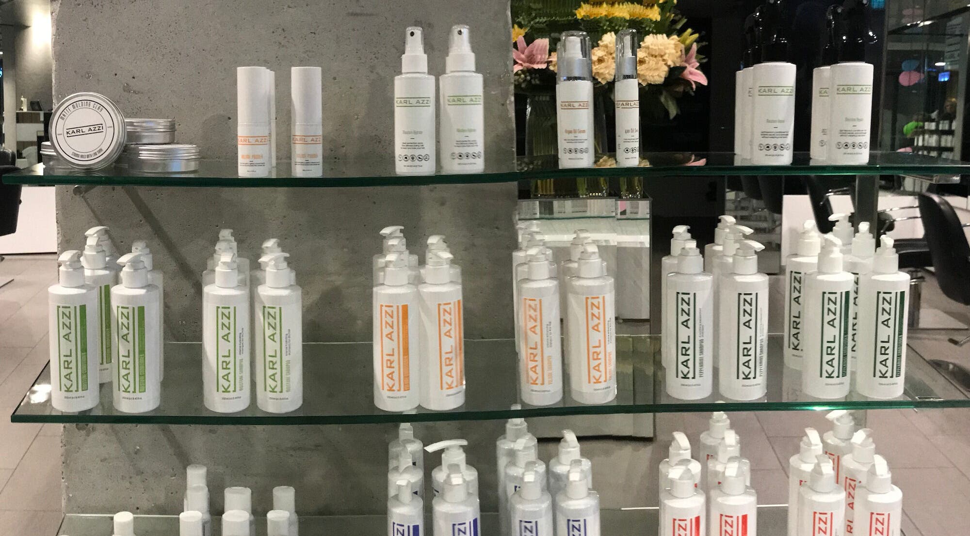 Stylish product display at KARL AZZI Hairdressers - Westfield Sydney, Sydney, New South Wales, AU.