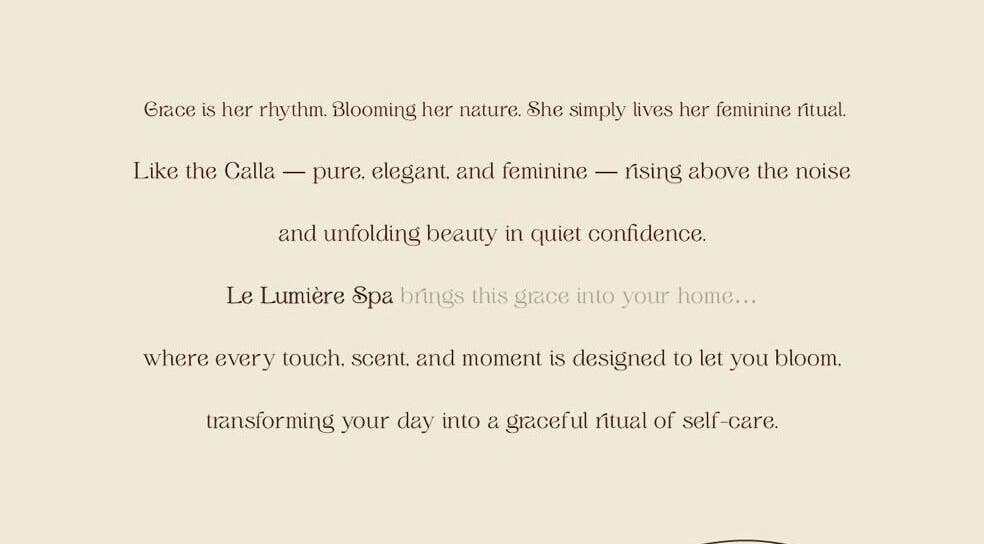 Elegant text introduction at Le Lumiere Spa in SA, highlighting tranquility and beauty.