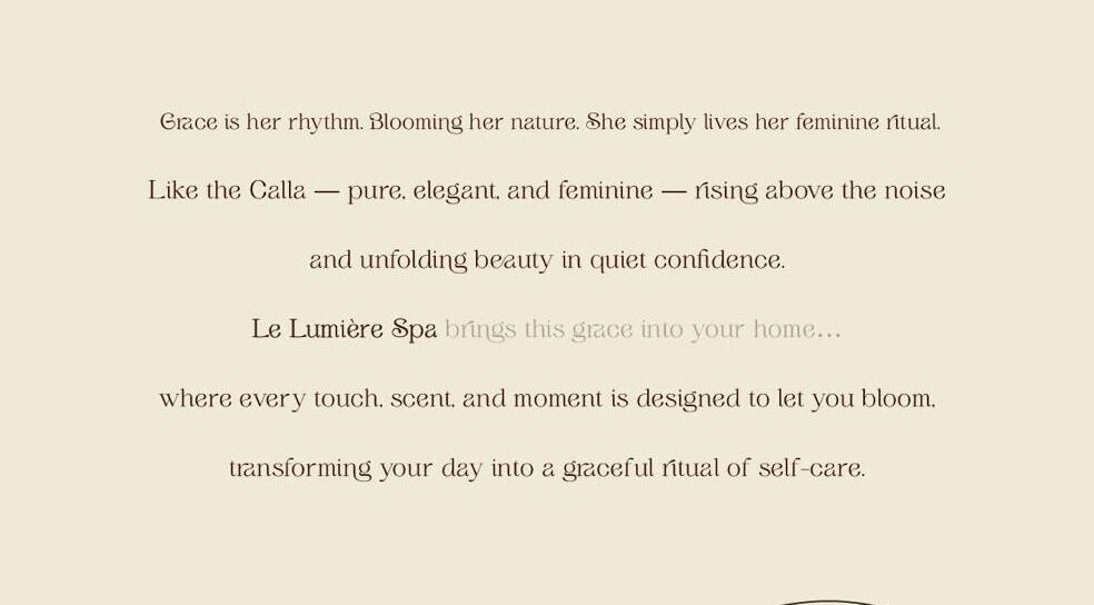 Elegant text introduction at Le Lumiere Spa in SA, highlighting tranquility and beauty.