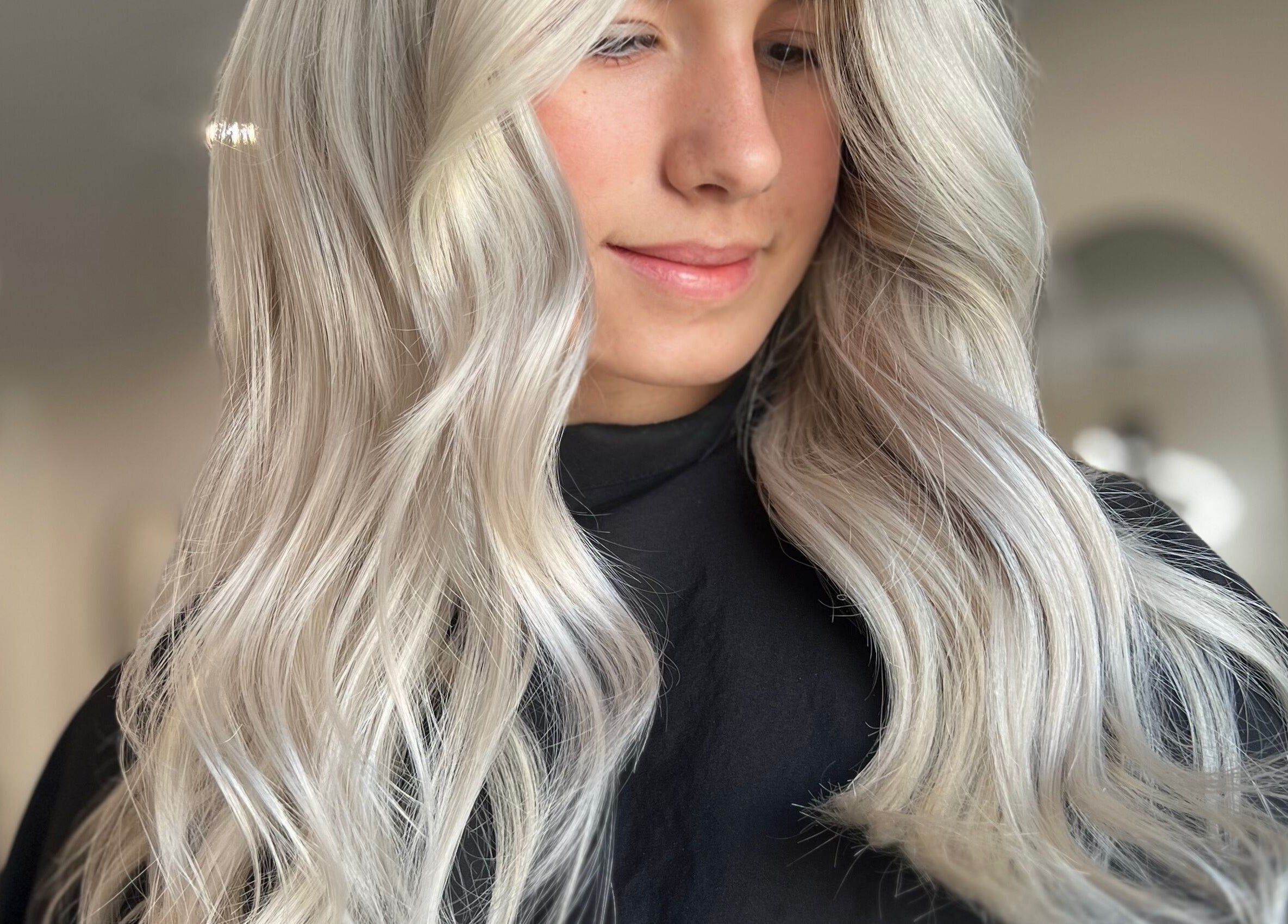Close-up of elegant silver hair styling at Kove Suite in Innaloo, Western Australia, AU.