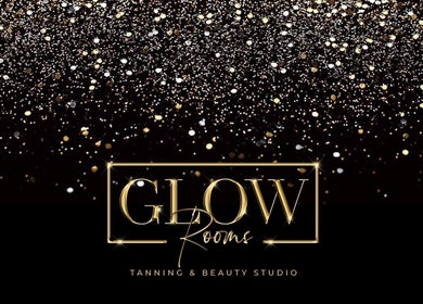 Glow rooms Tanning and beauty studio logo with sparkling golden glitter background, Lancaster, England, GB.