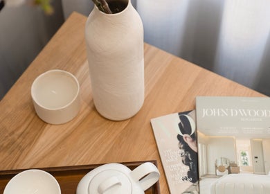 Elegant table decor with vase and magazines at Sakurami London, London, England, GB promoting relaxation.