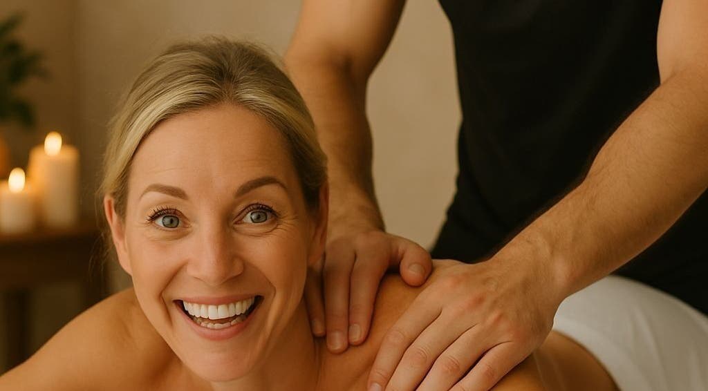 Smiling woman receiving a massage at Benji, Brossard, Québec, CA with candle ambiance.