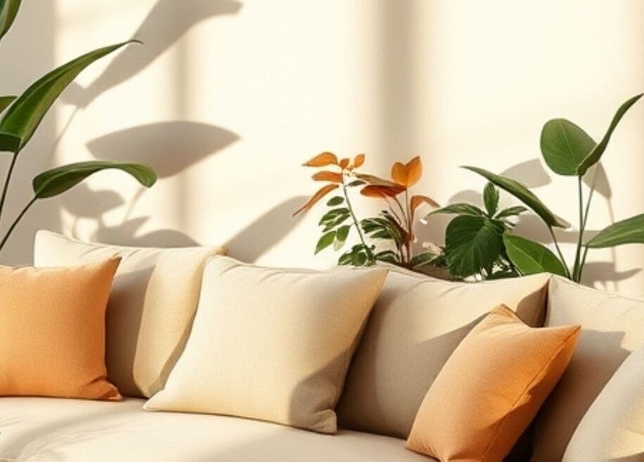 Canapé élégant avec plantes vertes chez Clean Dc, Cayenne, Guyane Française, FR.