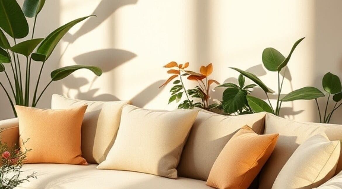 Canapé élégant avec plantes vertes chez Clean Dc, Cayenne, Guyane Française, FR.