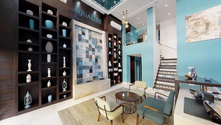 Elegant interior of Aqualine Wellness Center in Marrakesh, showcasing modern decor and relaxing ambiance.