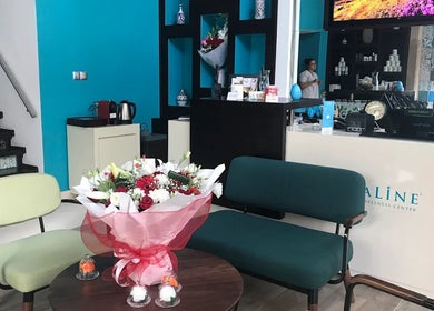 Elegant reception area at Aqualine Wellness Center, Marrakesh, Marrakesh-safi, MA with modern decor and floral arrangement.
