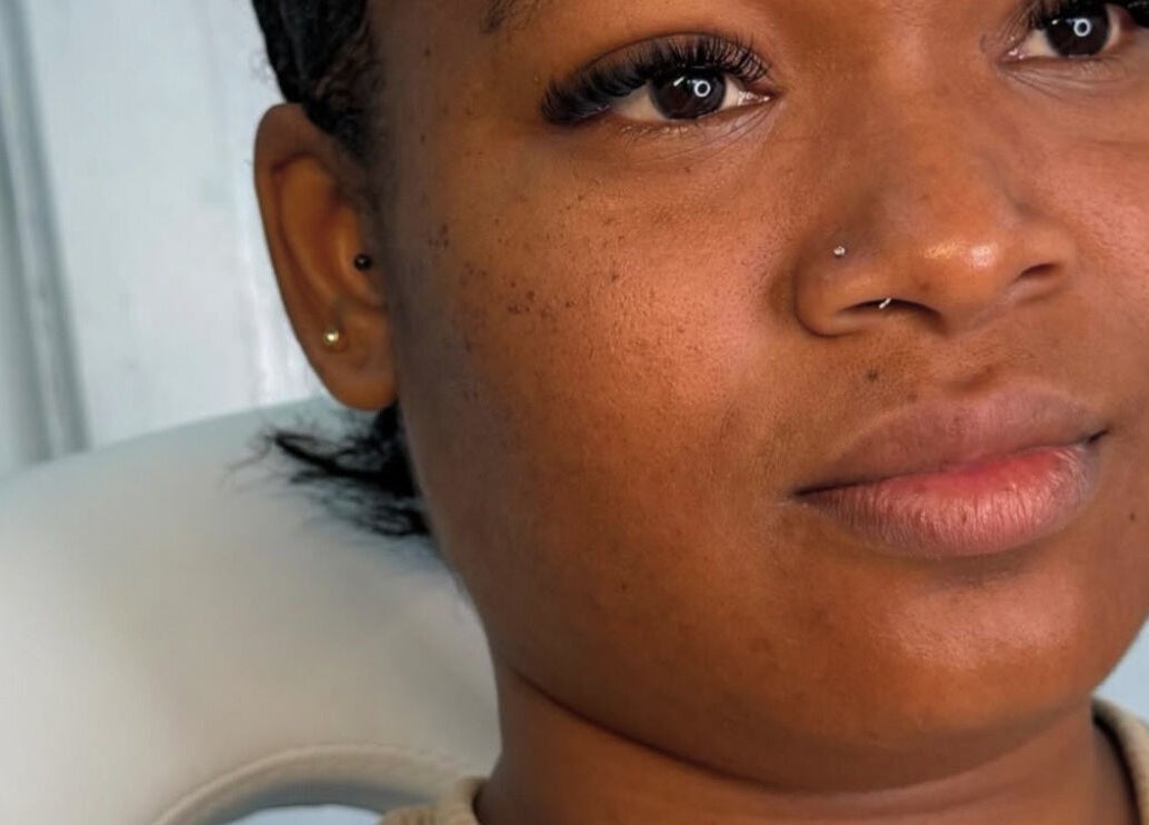 Close-up showing lash extension done at Blush Rush Studio, St. John’s, AG.