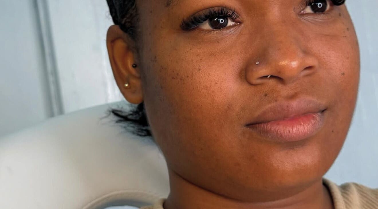 Close-up showing lash extension done at Blush Rush Studio, St. John’s, AG.