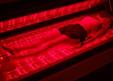 Relaxing red light therapy session at Think2be Healthy, North Lakes, Queensland, AU.