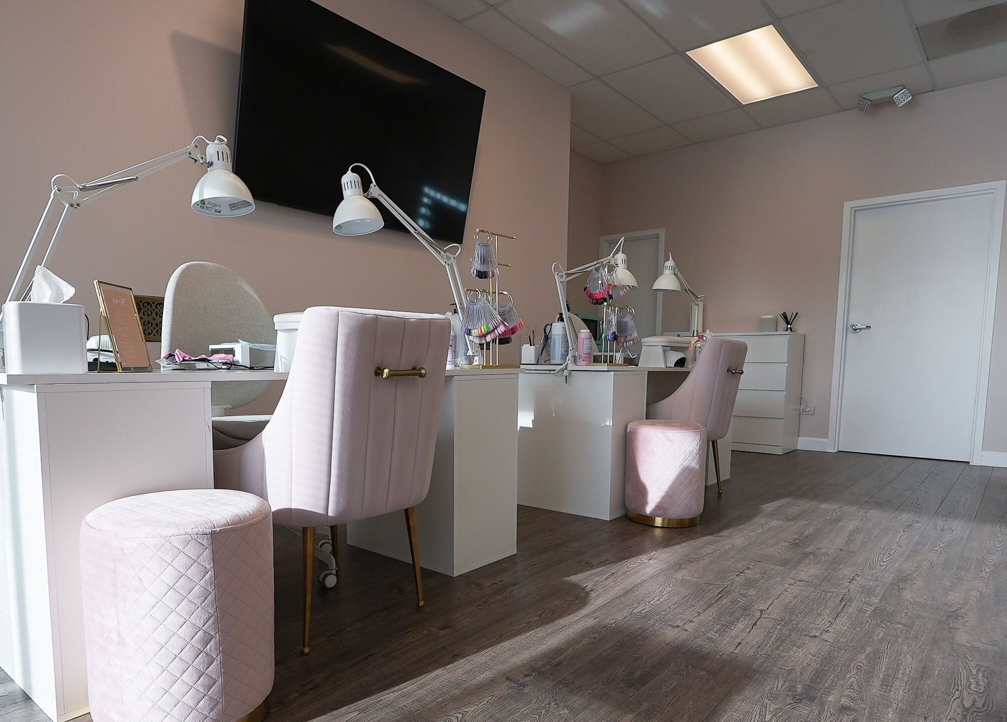 Chic and elegant beauty studio interior at Kvadrat Room, Des Plaines, Illinois, US, with stylish furnishings.