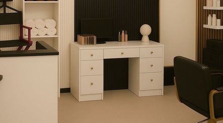 Modern salon desk at Katherine Mendoza Beauty Salon in Surrey, British Columbia, CA, showcasing minimalistic design.