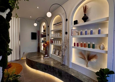 Hairkunst Hijabis Luxe interior displaying chic product shelves in Bandar Baru Bangi, Selangor, MY.