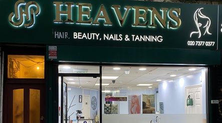 Front view of Heavens Salon in London, England, GB showcasing beauty services signage.