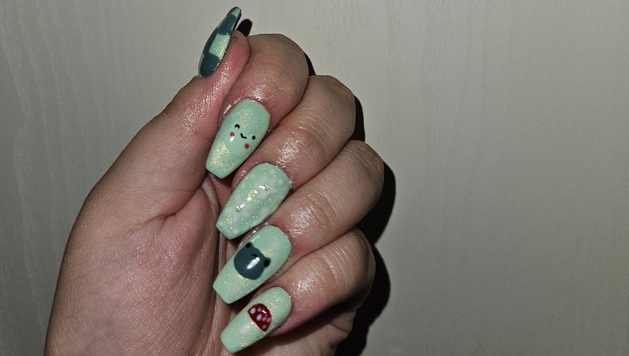 Mint green whimsical nail art at Enchanted Tips, Kempton Park, Gauteng, ZA.