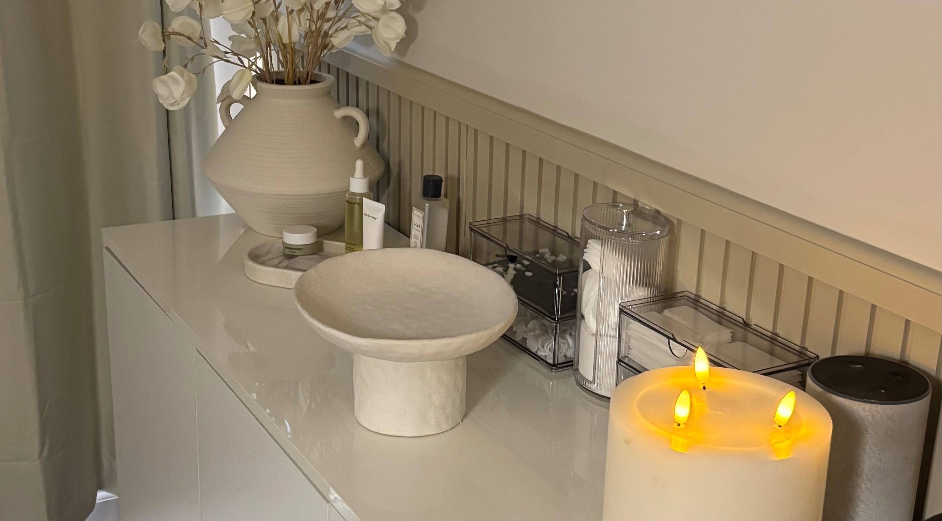Elegant spa setup at Radiancebyhols in Kidderminster, England, GB with candles and beauty products.