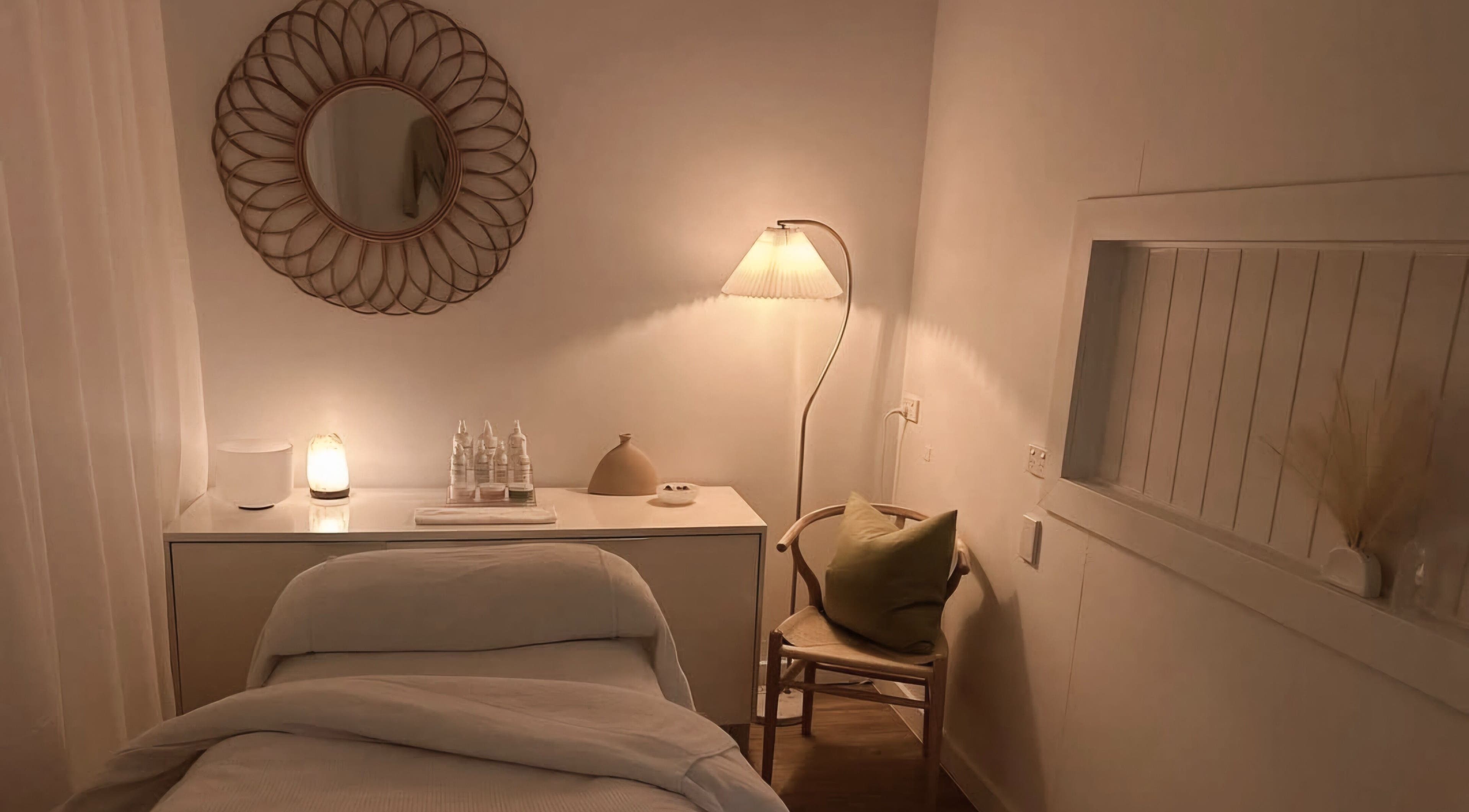 Tranquil treatment room at Calma Studio, Melbourne, Victoria, AU, featuring a relaxing ambiance and cozy decor.