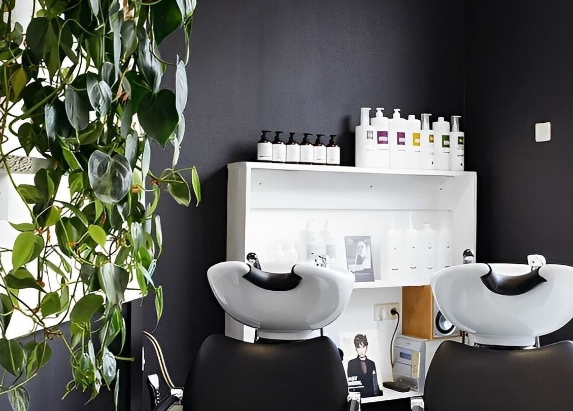 Moderne saloninterieur met planten bij Mixt Haarsalon, Haarlem, Noord-holland, NL.