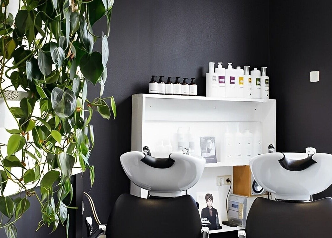 Moderne saloninterieur met planten bij Mixt Haarsalon, Haarlem, Noord-holland, NL.