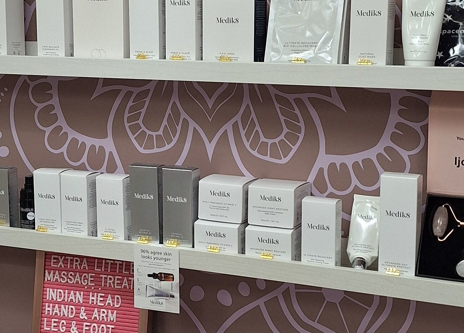 Medik8 products displayed at THE FACE AND BODY COMPANY BEAUTY & AESTHETICS, Haywards Heath, England, GB.