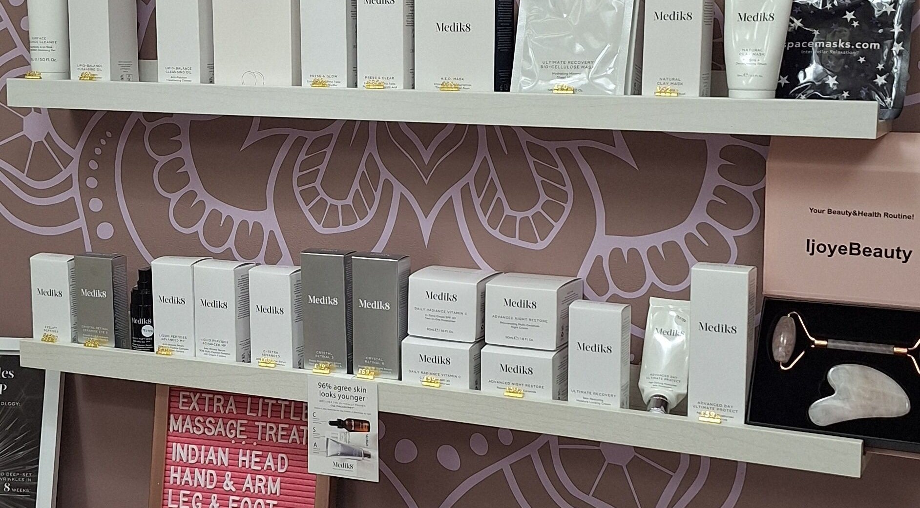 Medik8 products displayed at THE FACE AND BODY COMPANY BEAUTY & AESTHETICS, Haywards Heath, England, GB.