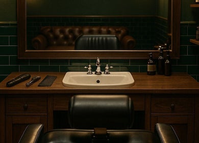 Elegant salon vanity at Palmo, Stanwell, England, GB, featuring classic decor and premium grooming products.