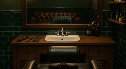 Elegant salon vanity at Palmo, Stanwell, England, GB, featuring classic decor and premium grooming products.