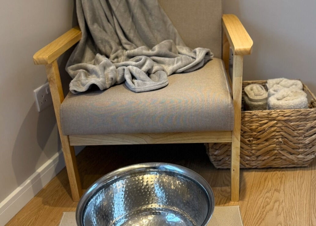 Cozy pedicure chair with blanket at She's Nailing It, Crawley, England, GB. A perfect setting for relaxation.