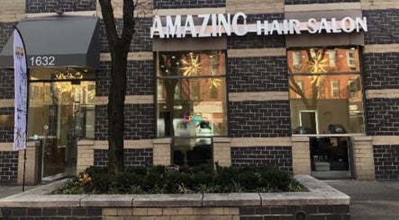 Front exterior of Amazing Hair Salon located in New York, New York, US with stylish brick facade.