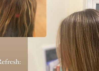 Before and after hair transformation at DALA Hair Salon Ammanford, Ammanford, Wales, GB showcasing sleek highlights.