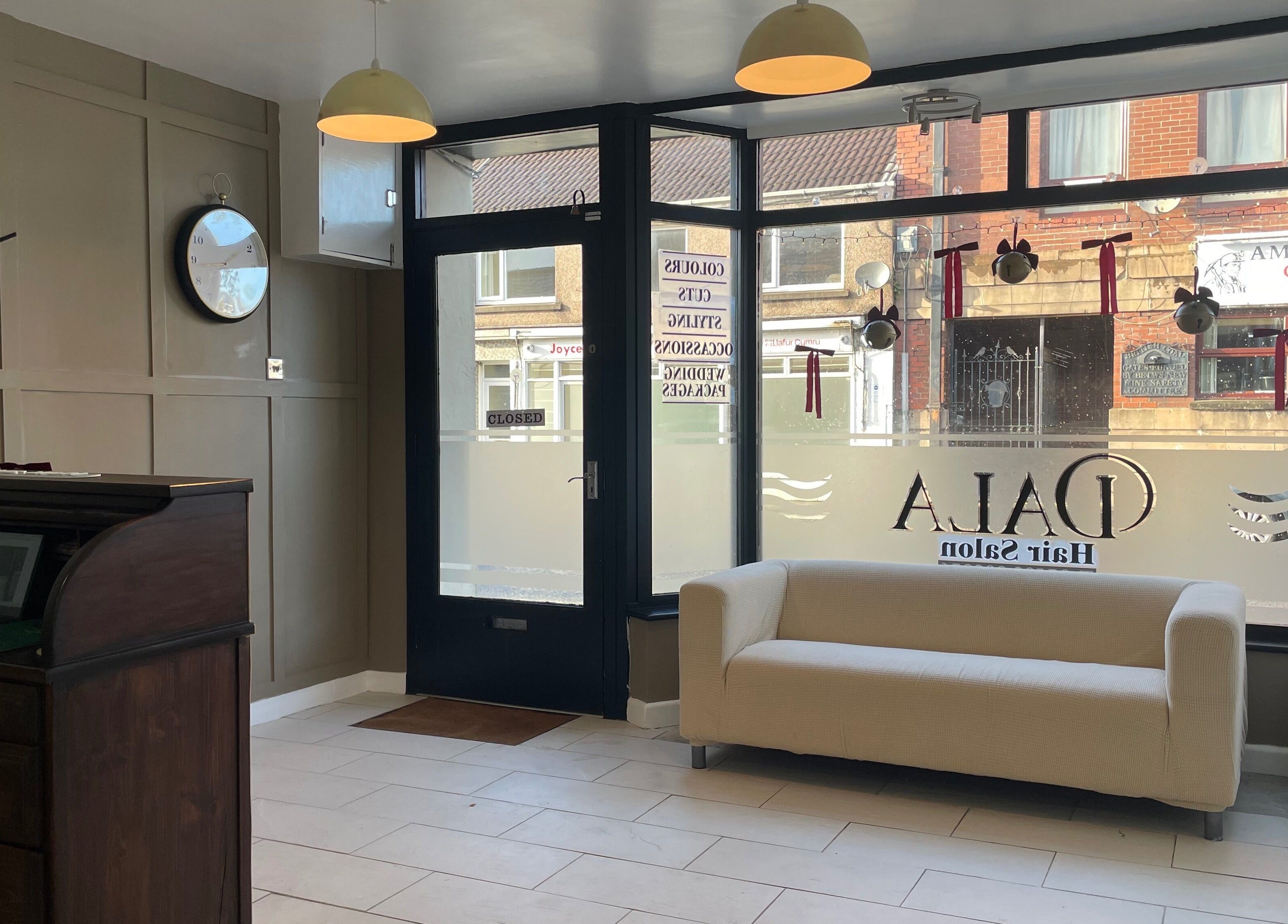 Chic interior of Dala Hair Salon Ammanford with cozy seating in Ammanford, Wales, GB.