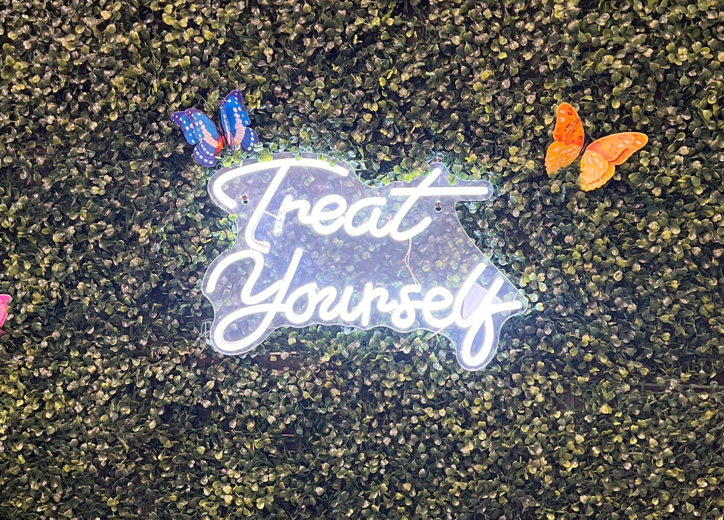 Neon 'Treat Yourself' sign surrounded by butterflies at Nicole Rose Luxe, Duluth, Georgia, US.