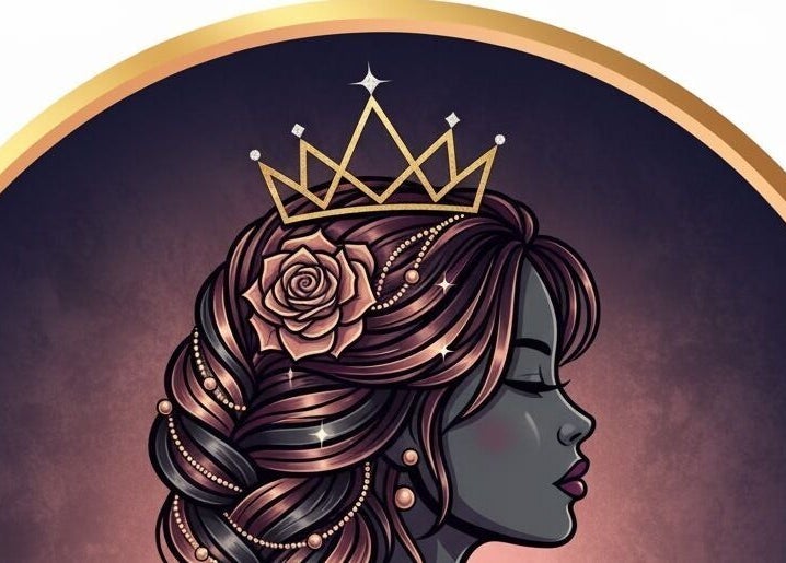Elegant illustration of a woman with rose-adorned hair and crown at Nicole Rose Luxe, Duluth, Georgia, US.