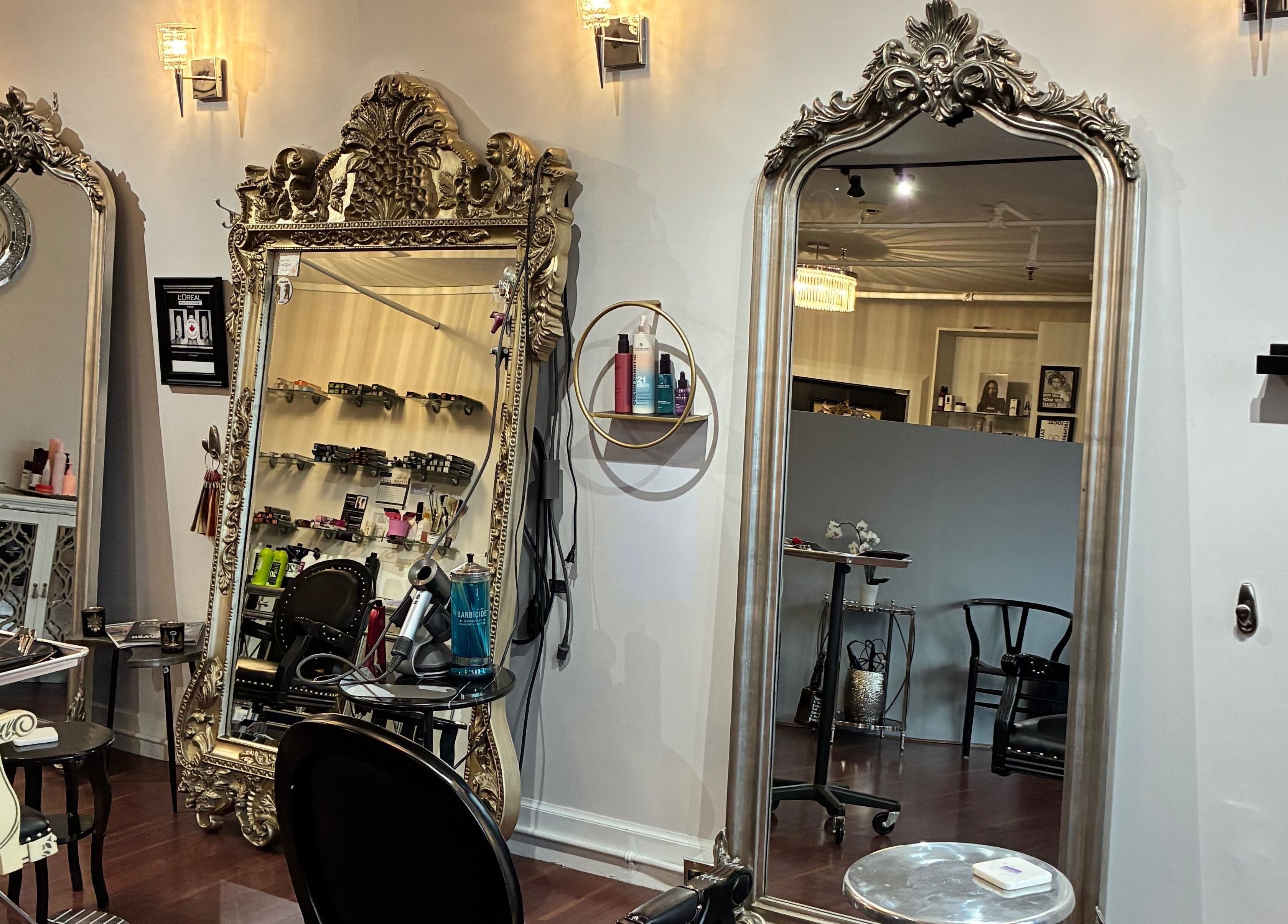 Luxurious salon mirrors and chairs at Picutsso Downtown Charlottetown, Prince Edward Island, CA.