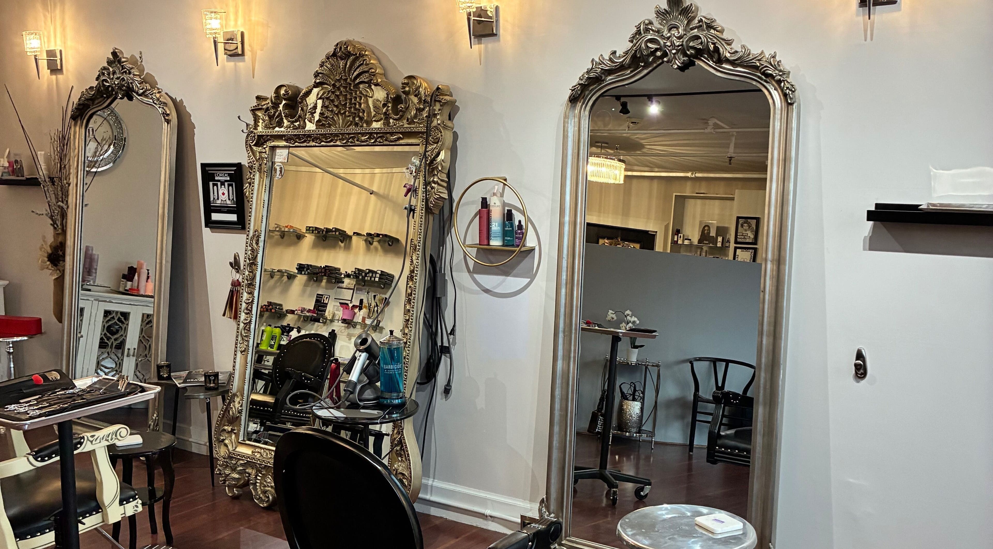 Luxurious salon mirrors and chairs at Picutsso Downtown Charlottetown, Prince Edward Island, CA.